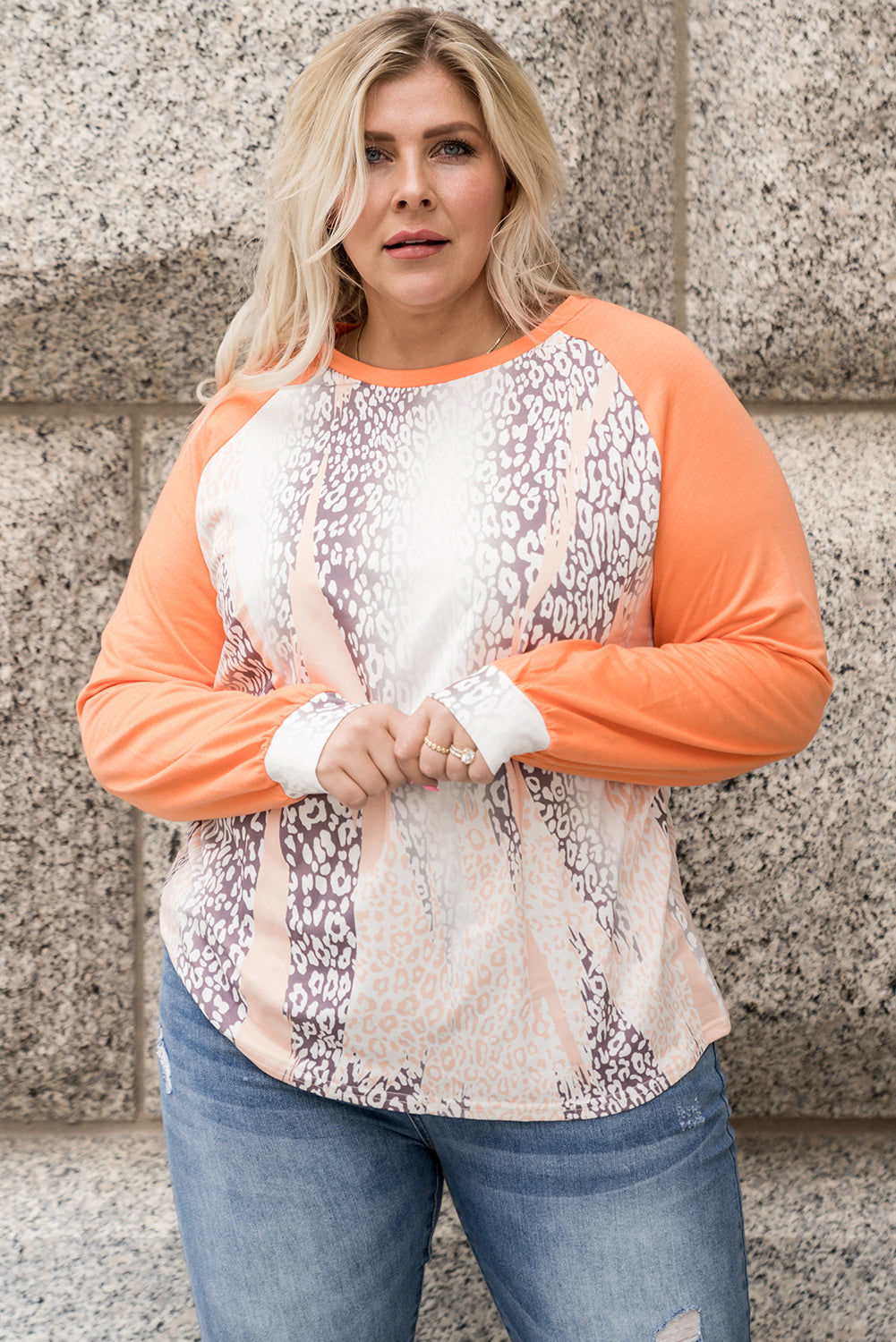 Plus Size Animal Print Contrast Raglan Sleeve Top