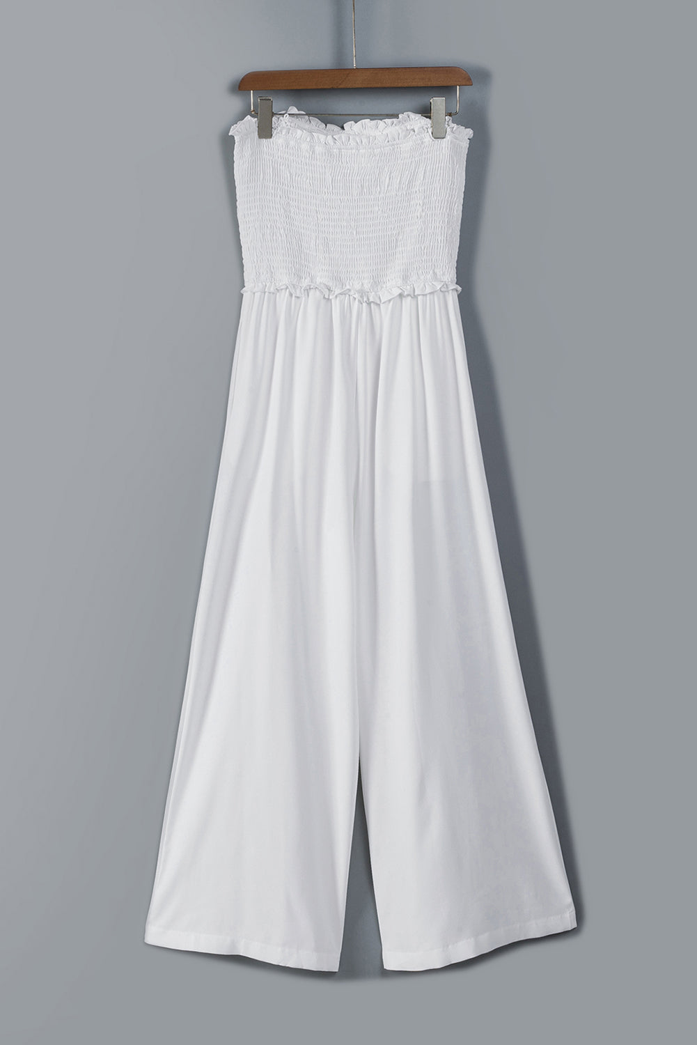 Smocked Frill Trim Strapless Wide Leg Jumpsuit