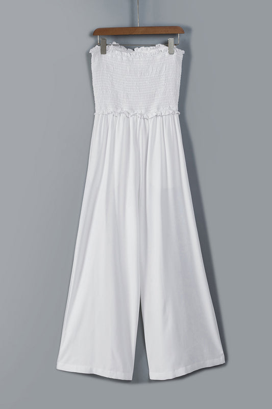 Smocked Frill Trim Strapless Wide Leg Jumpsuit