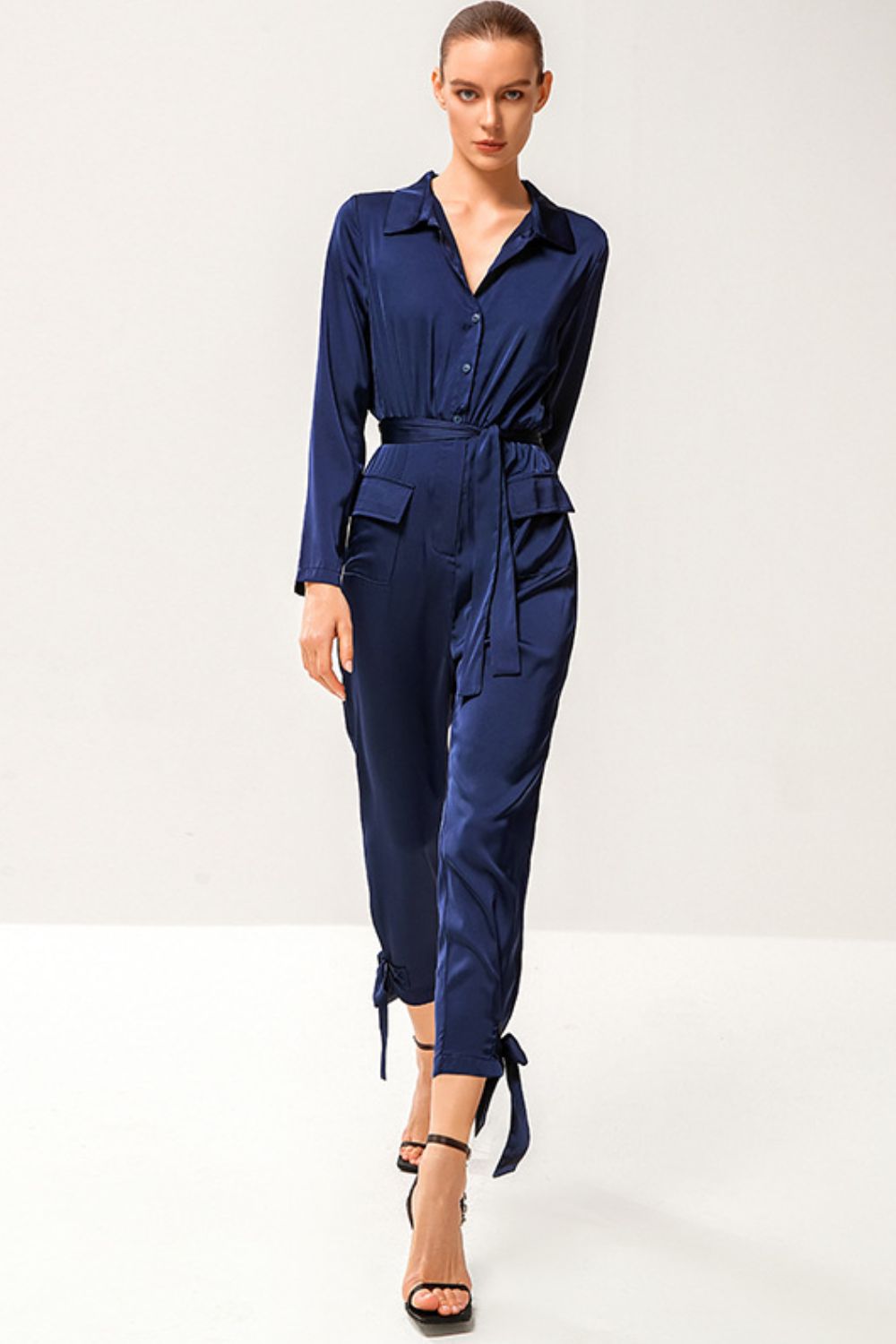 Tie-Waist Button Front Collared Satin Jumpsuit