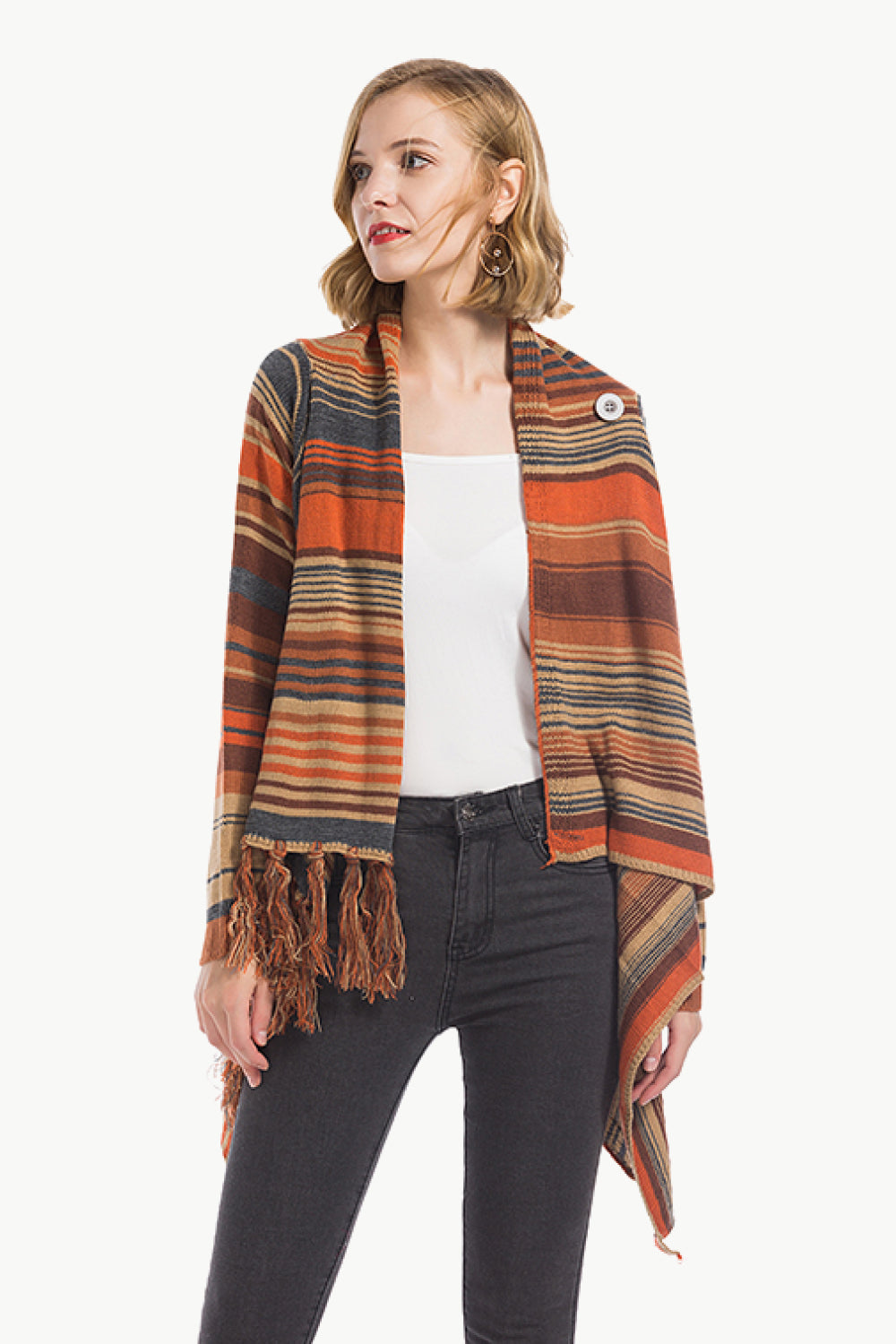 Striped Asymmetrical Tassel Detail Cardigan