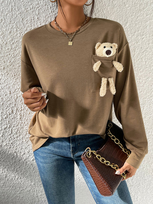 Round Neck Dropped Shoulder Top with Toy Bear