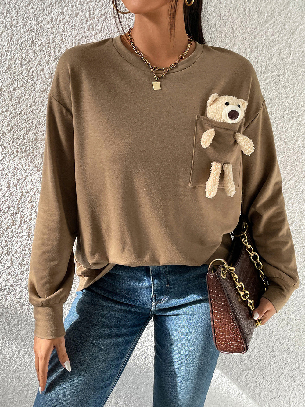 Round Neck Dropped Shoulder Top with Toy Bear