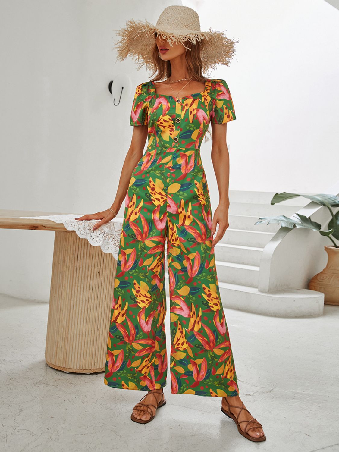 Printed V-Neck Buttoned Wide Leg Jumpsuit