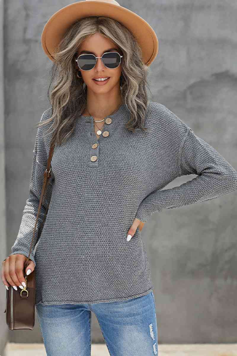 Quarter Button Dropped Shoulder Knit Pullover