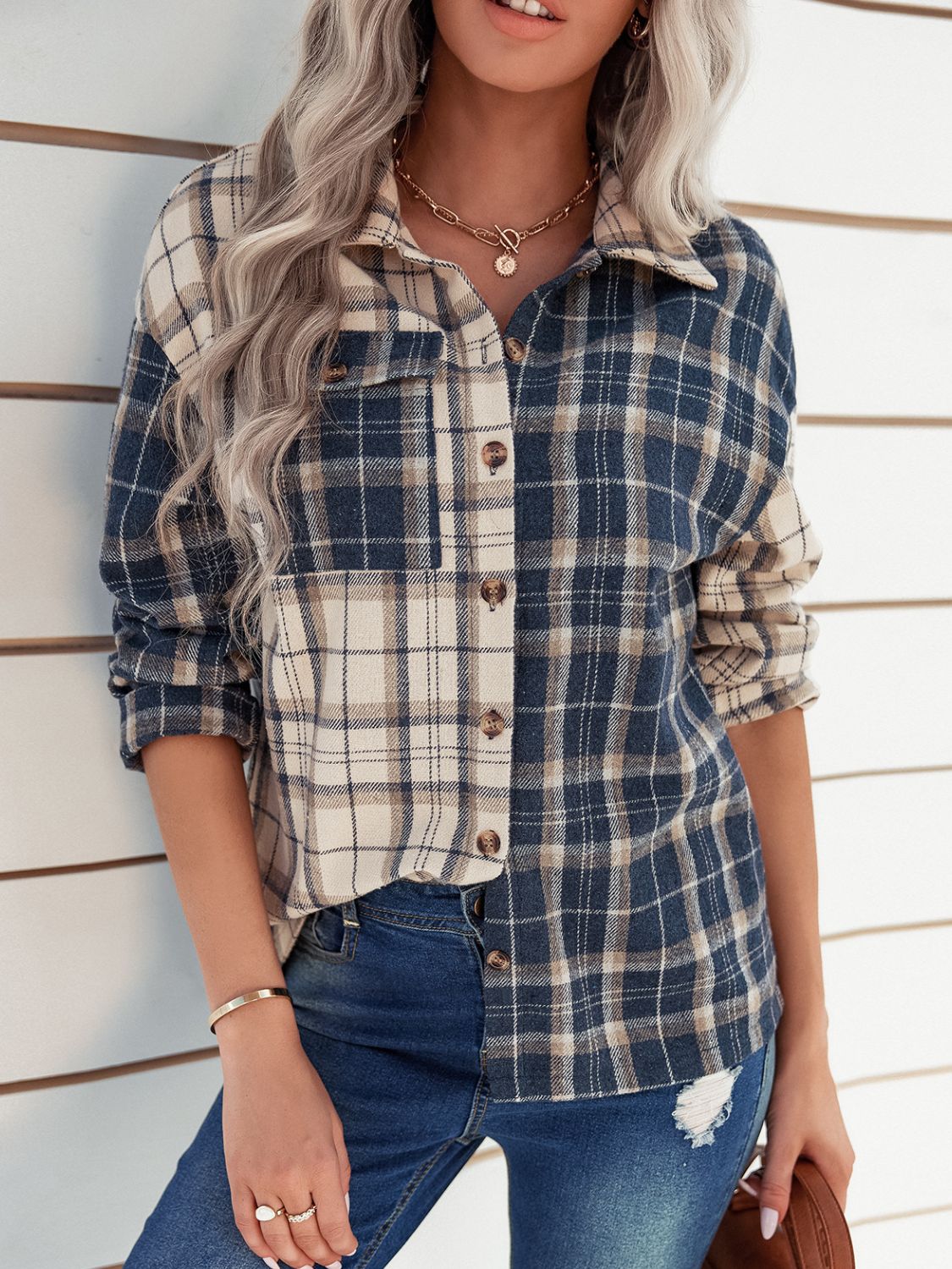 Two-Tone Plaid Button Front Shirt