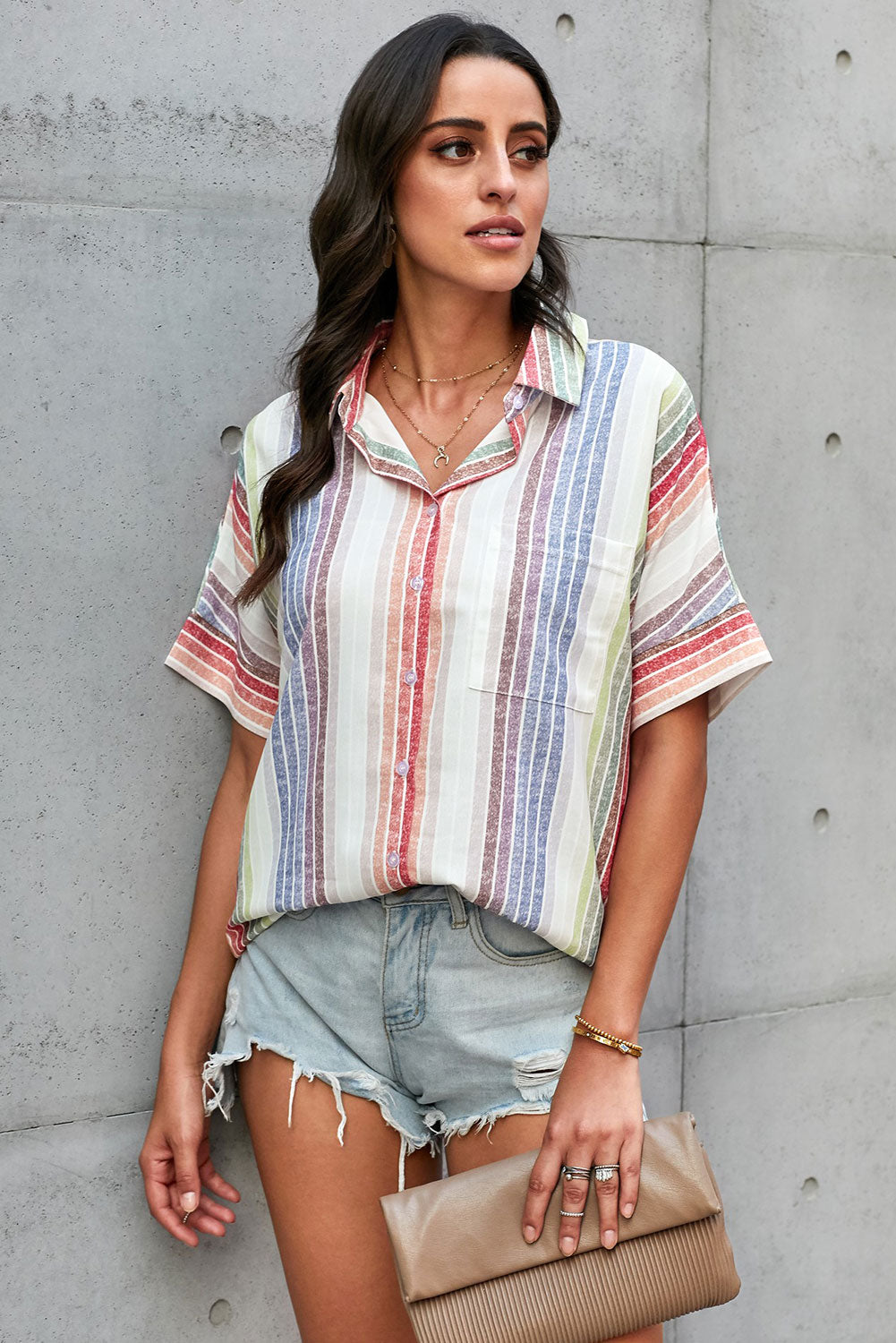 Striped Short Sleeve Button Down Top