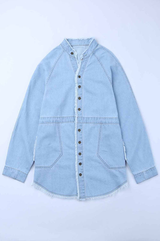 Frayed Trim Button Front Denim Shirt