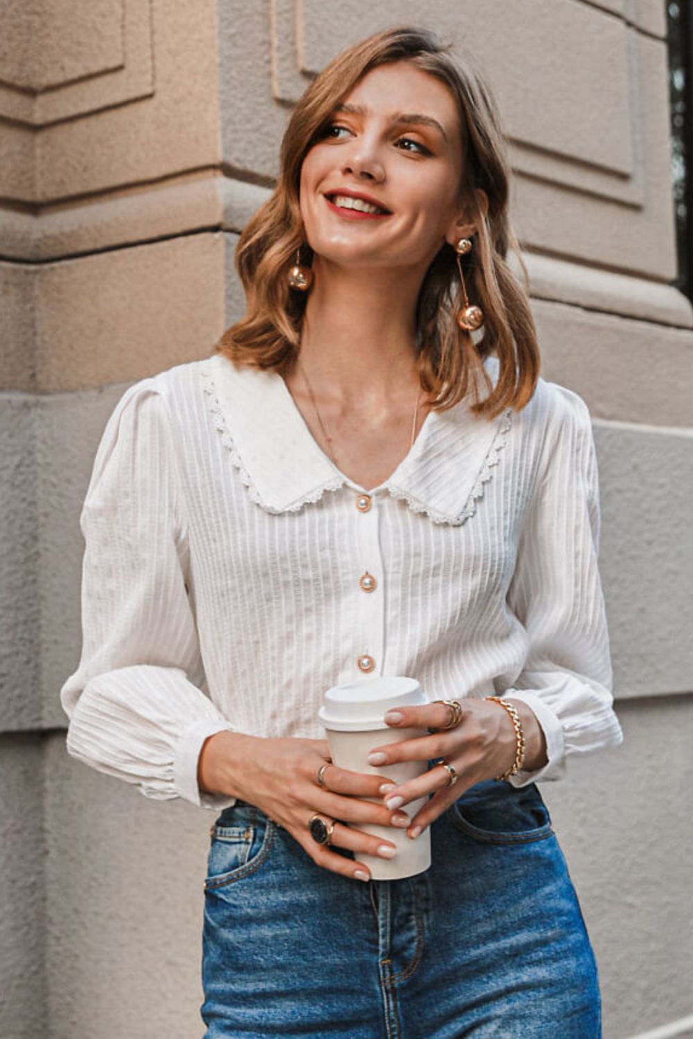 Lace Trim Button Front Puff Sleeve Shirt