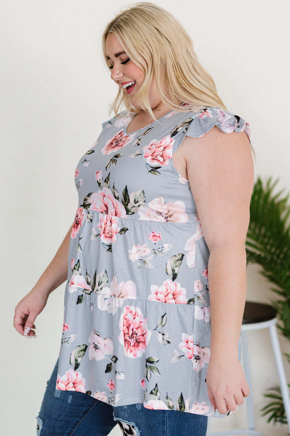 Plus Size Floral Flutter Sleeve Tiered Babydoll Top