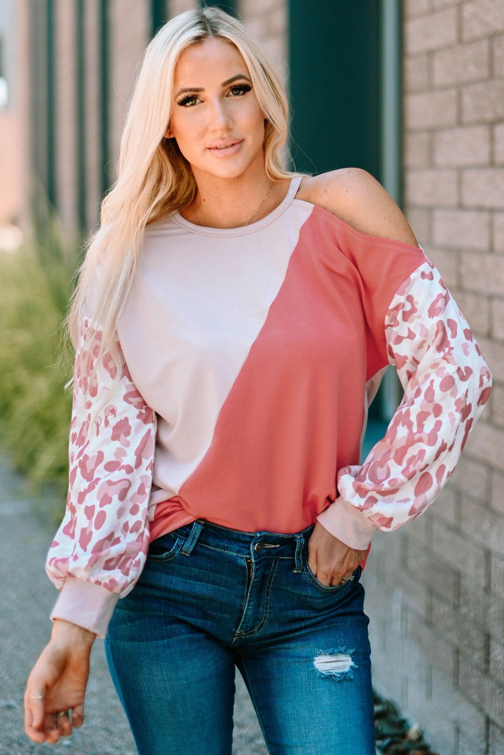 Leopard Color Block Cold-Shoulder Top