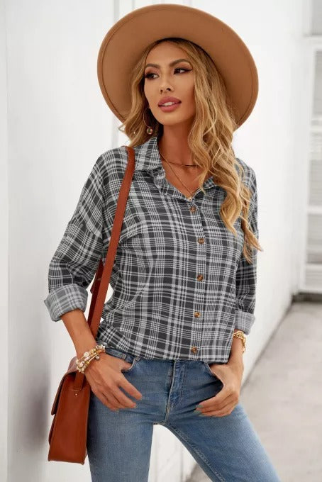 Plaid Print Drop Shoulder Button Down Shirt