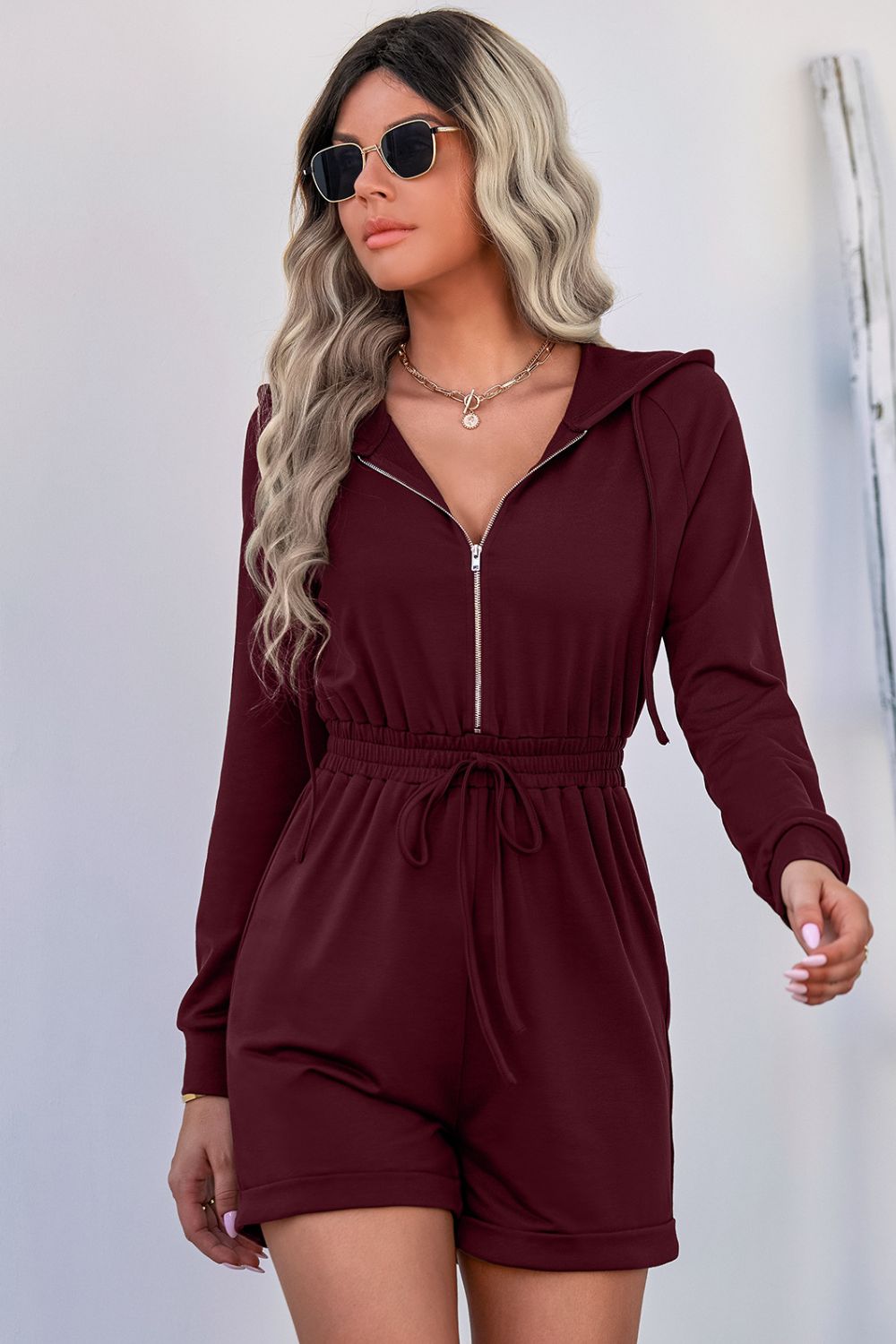 Zip Up Drawstring Detail Hooded Romper