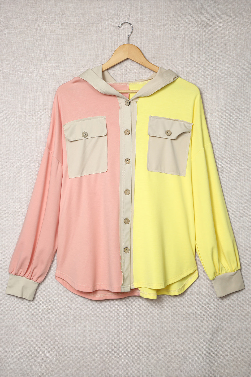 Color Block Button Down Hooded Shirt Jacket