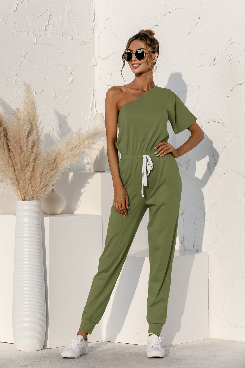 One Shoulder Knot Waist Jumpsuit