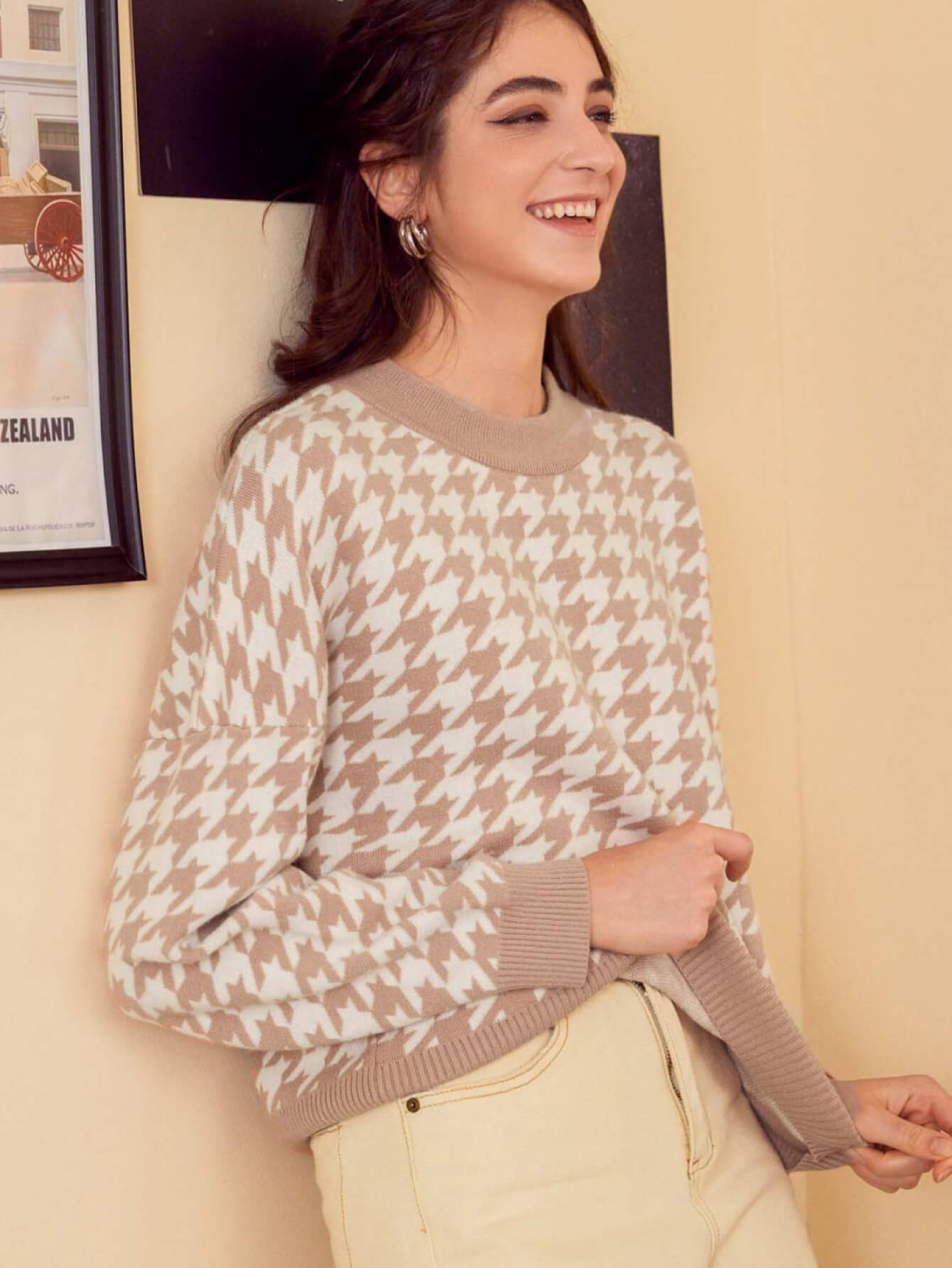 Houndstooth Ribbed Trim Sweater