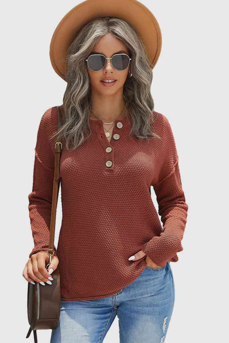 Quarter Button Dropped Shoulder Knit Pullover