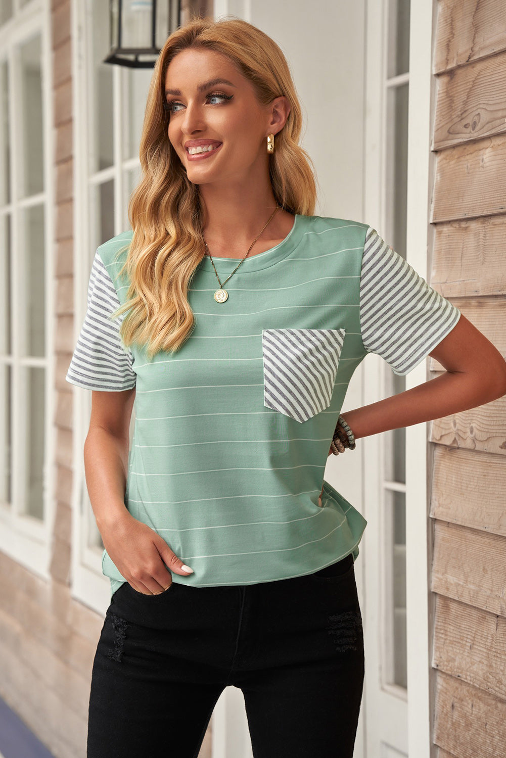 Striped Contrast Front Pocket T-Shirt