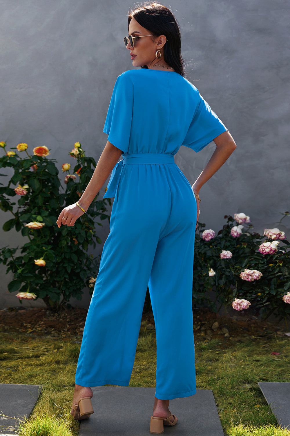 Tie-Waist Surplice Wide Leg Jumpsuit