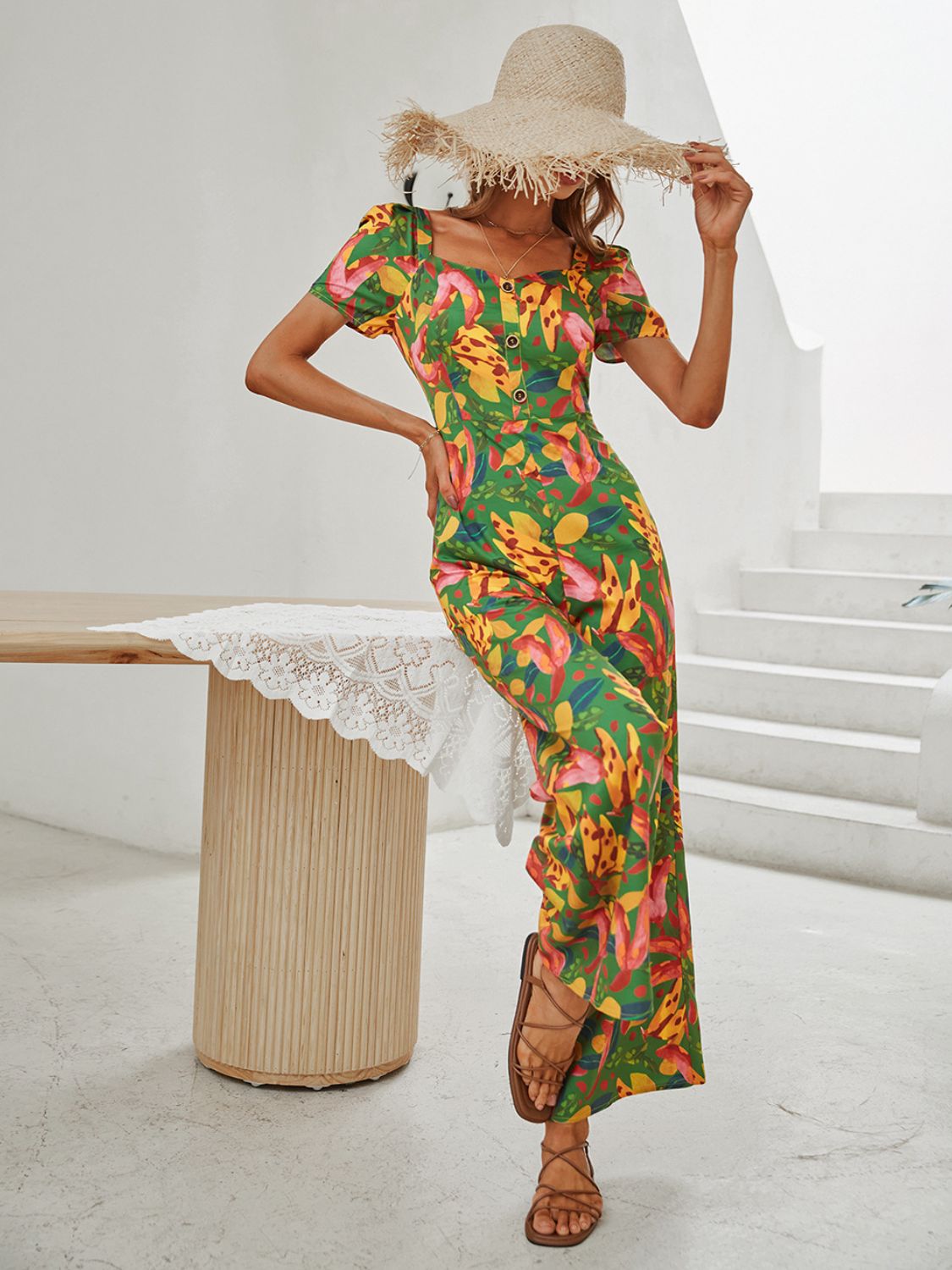 Printed V-Neck Buttoned Wide Leg Jumpsuit