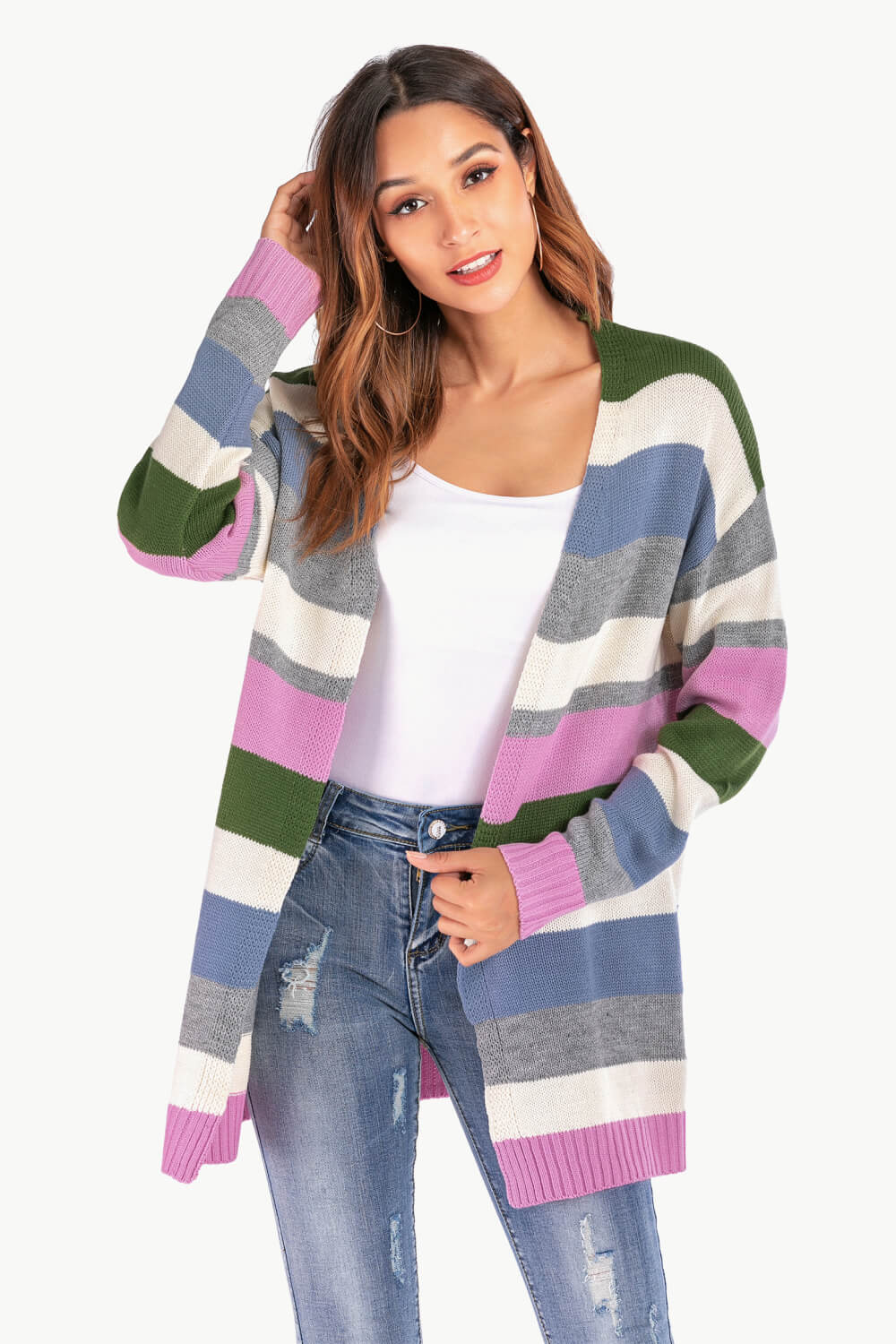 Multicolored Stripe Open Front Dropped Shoulder Cardigan