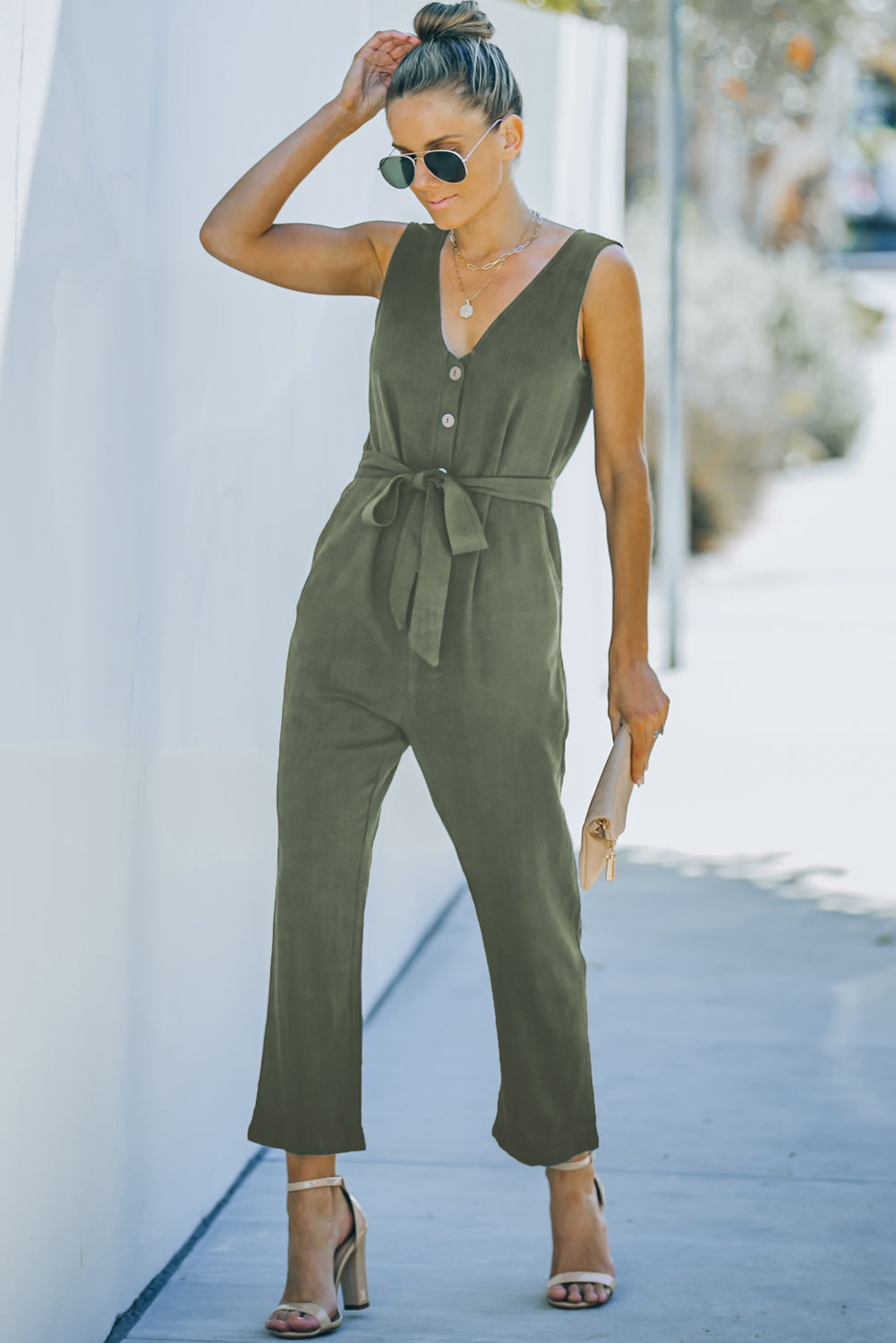 Belted V-Neck Sleeveless Jumpsuit with Pockets