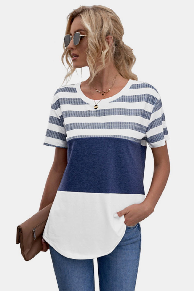 Striped Color Block Round Neck Top