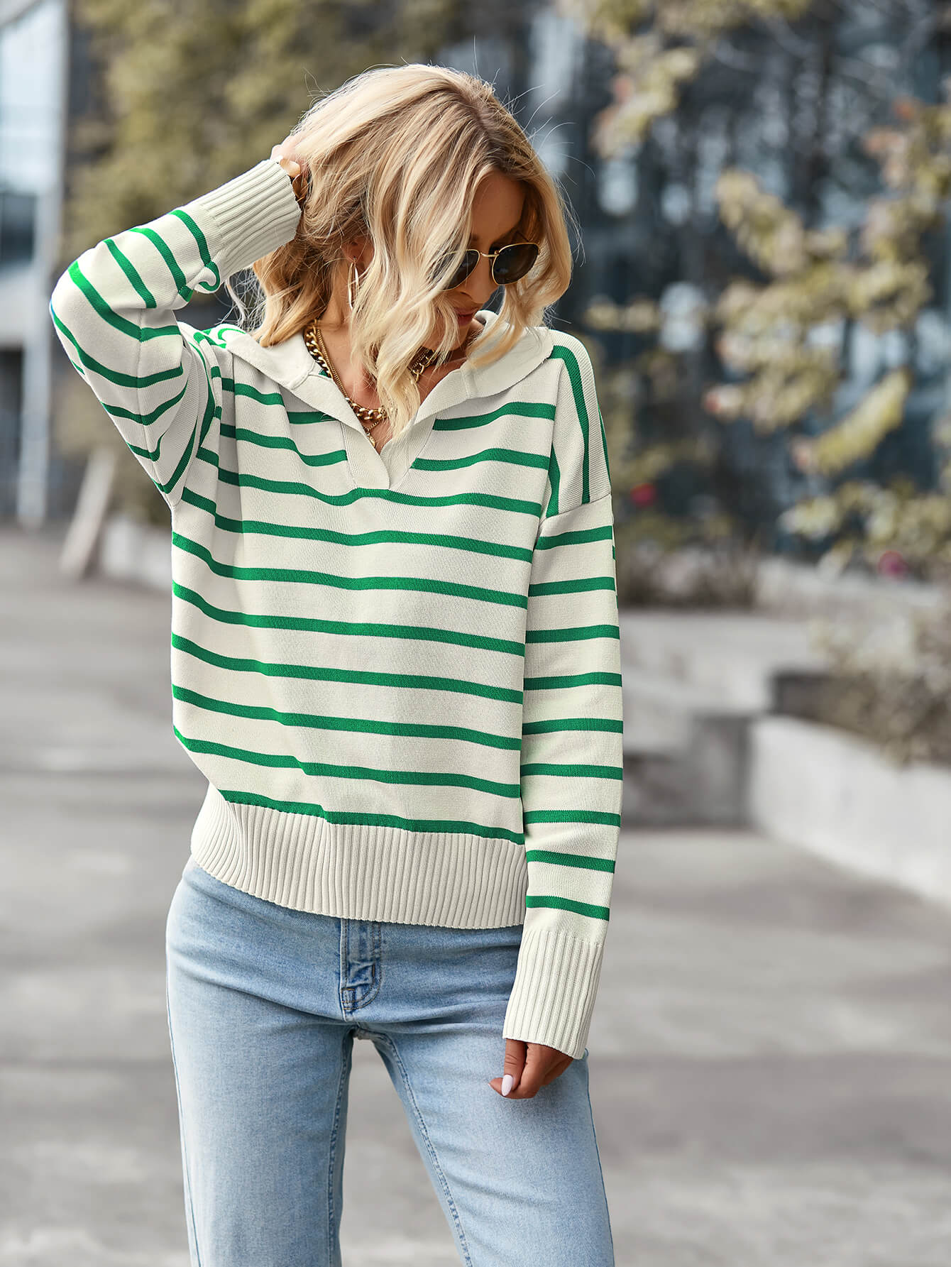 Striped Ribbed Trim Collared Knit Sweater