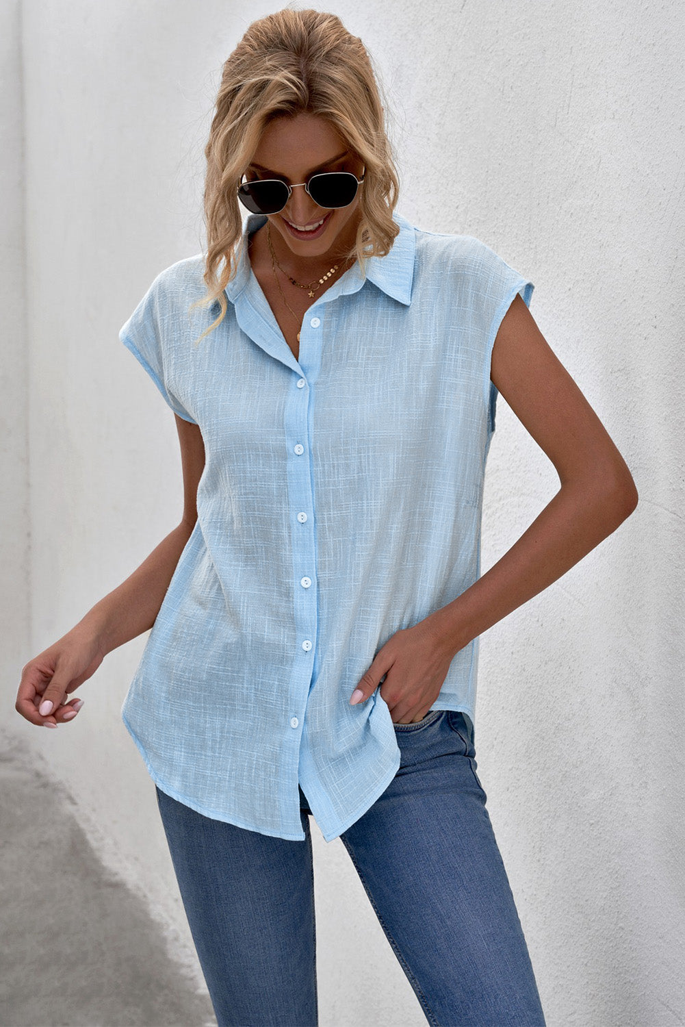 Cap-Sleeve Button Down Shirt