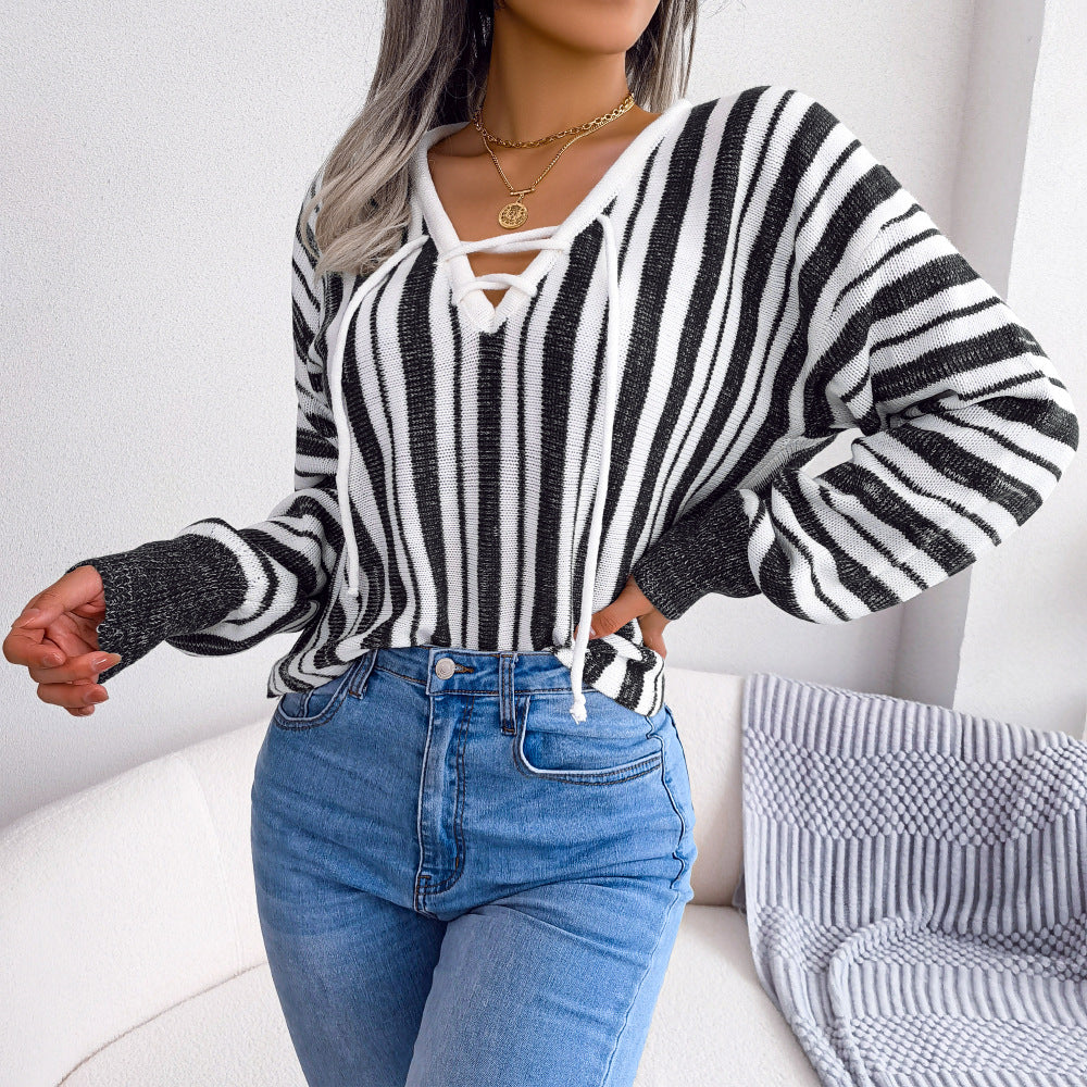 Striped Lace-Up V-Neck Sweater