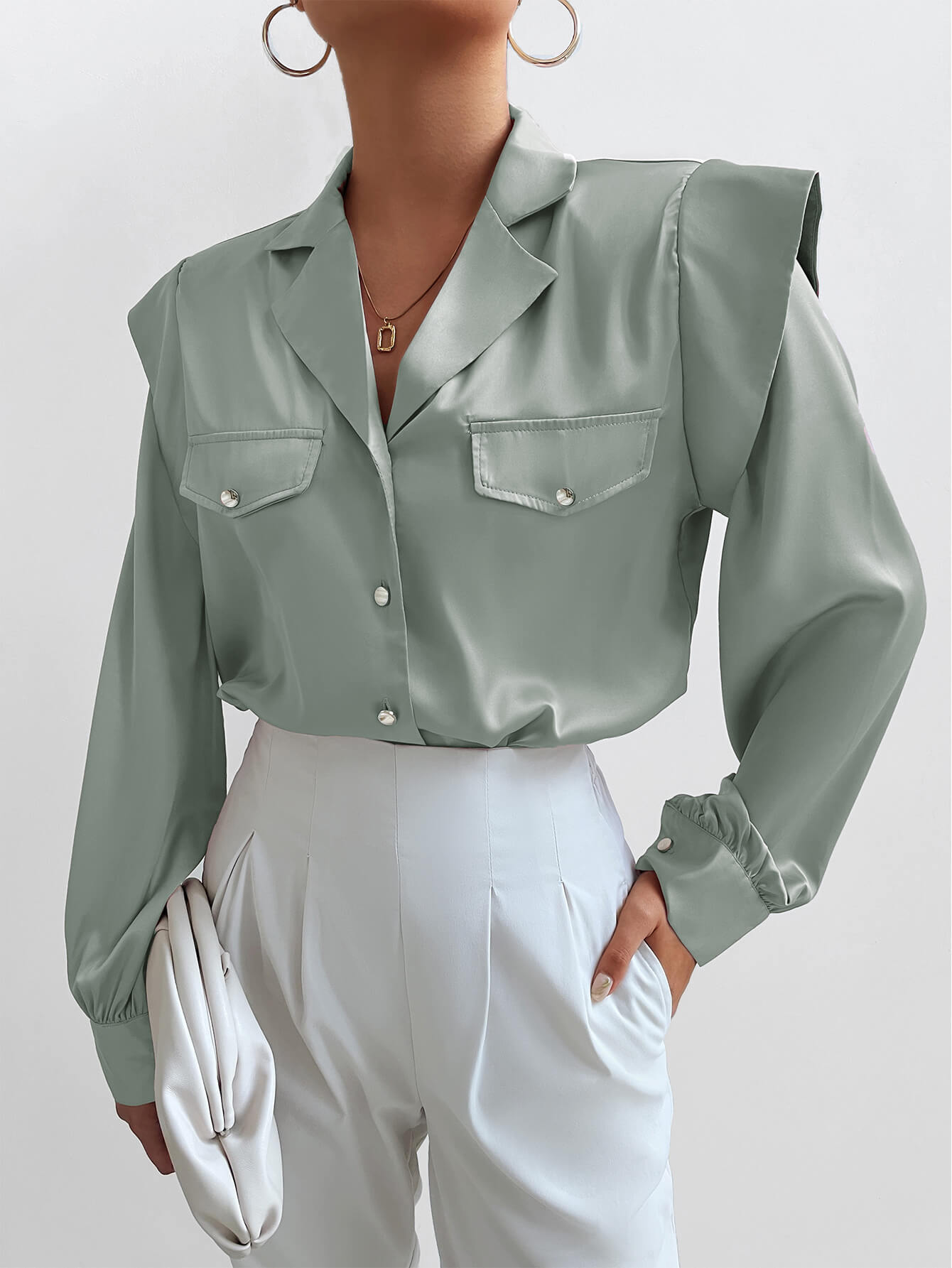 Button Front Shoulder Detail Lapel Collar Shirt