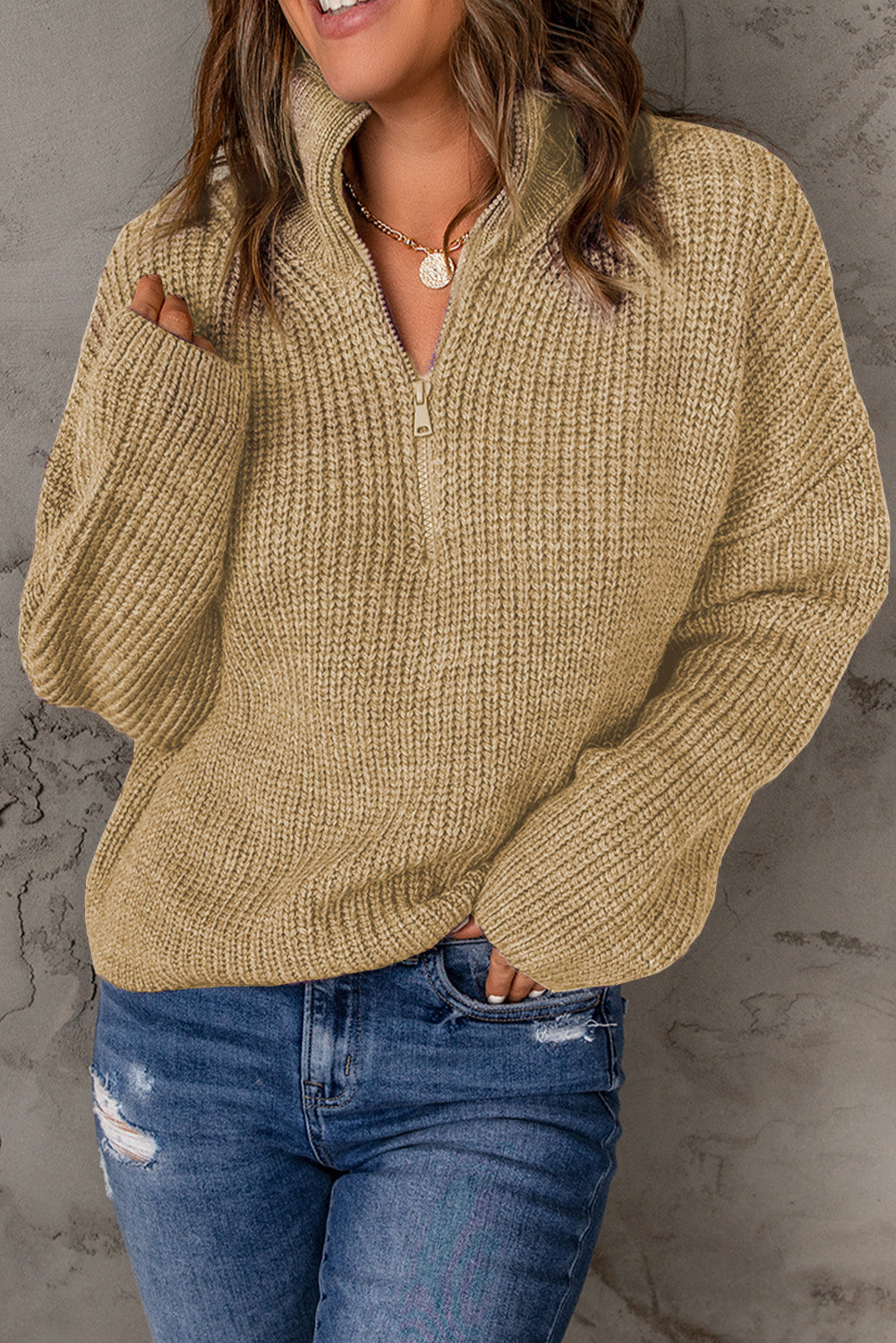 Half Zip Rib-Knit Dropped Shoulder Sweater