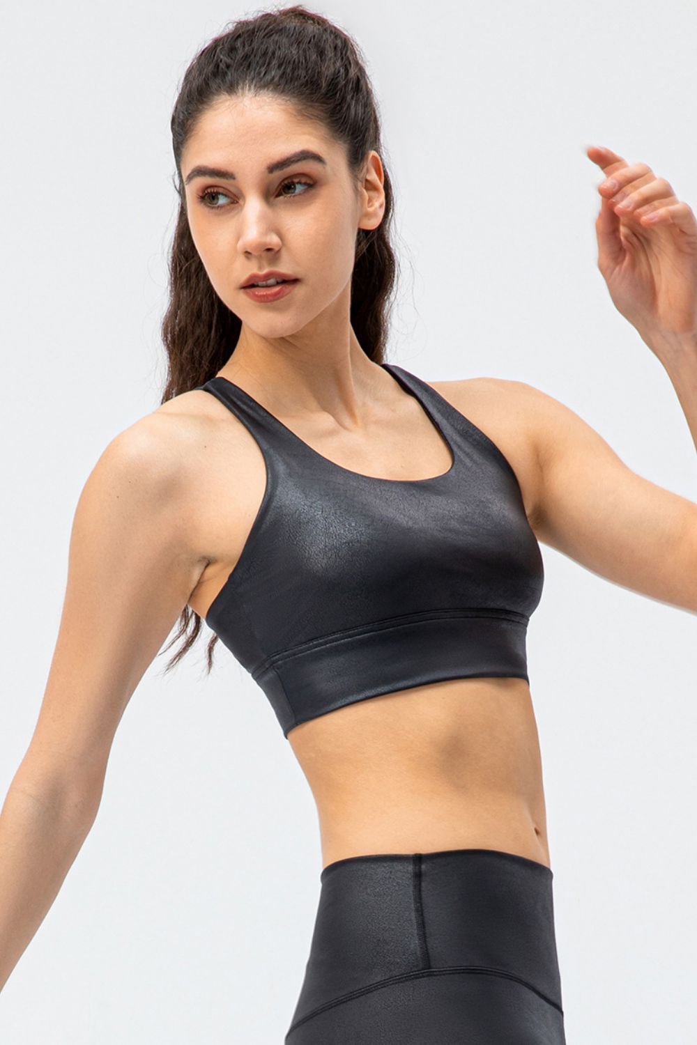 Faux Leather Double Crisscross Strap Sports Bra