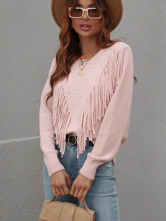 Fringe Detail Ribbed Trim Sweater