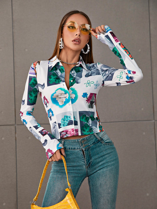 Printed Long Sleeve Cropped Shirt