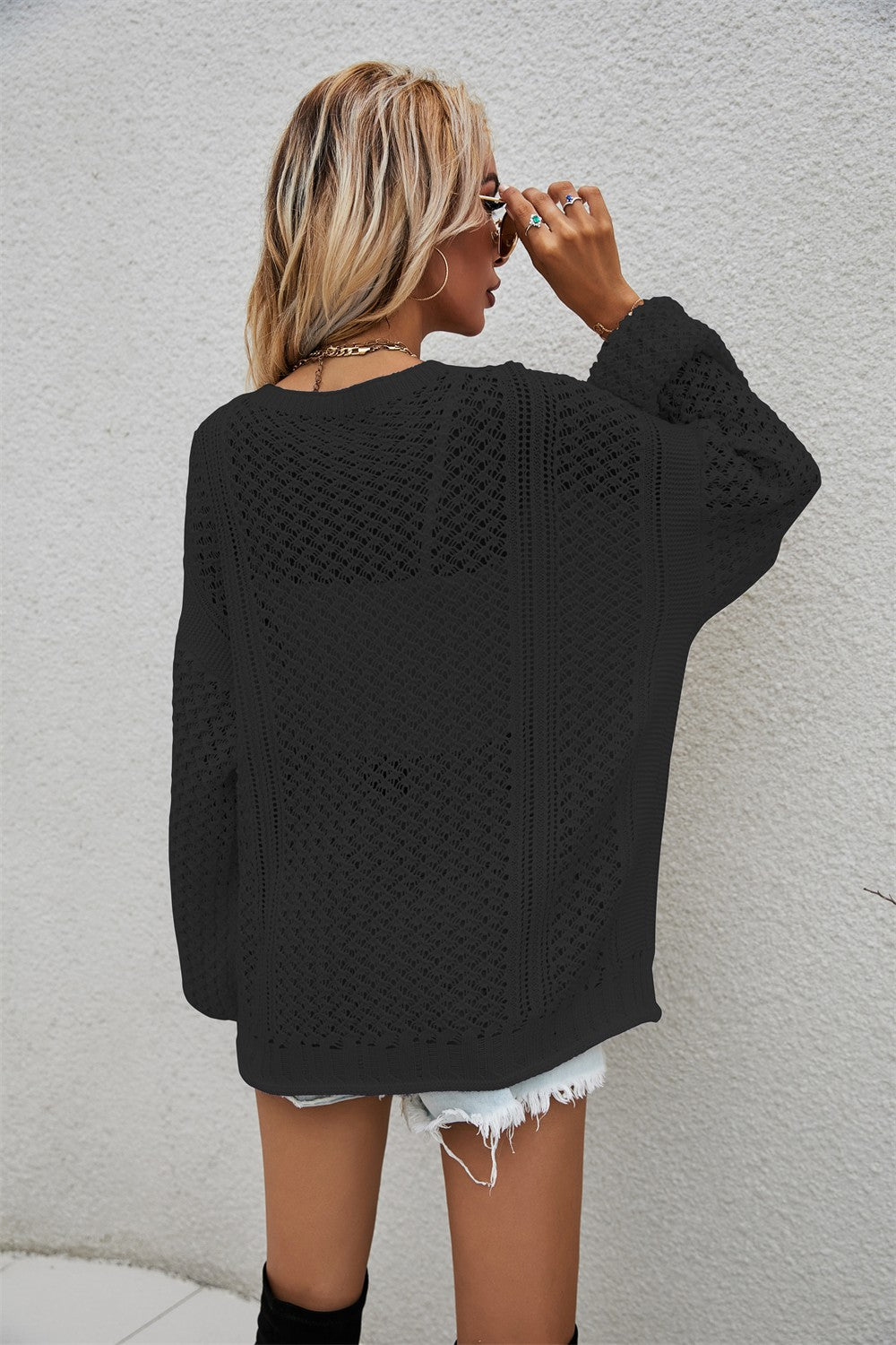 Openwork V-Neck Dropped Shoulder Cardigan