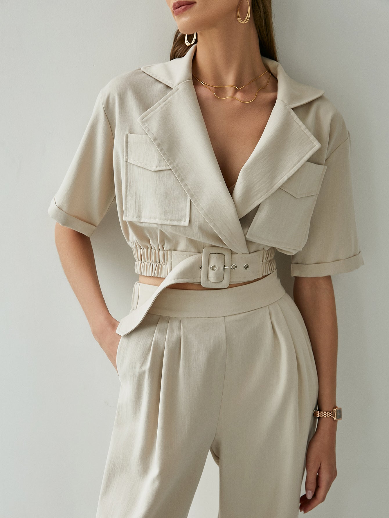 Belted Detail Cropped Blazer and Pants Set