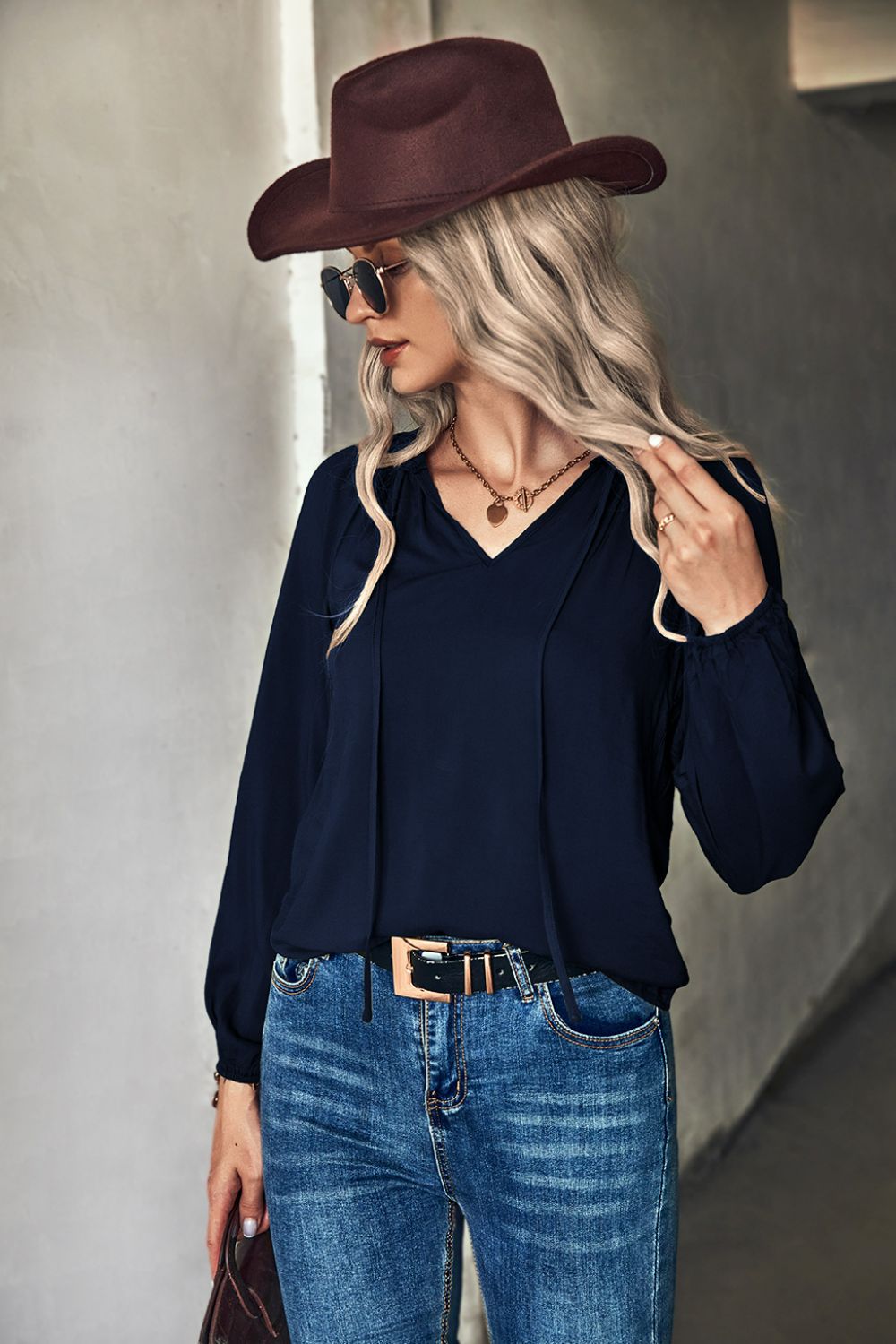 Gathered Detail Tie-Neck Blouse