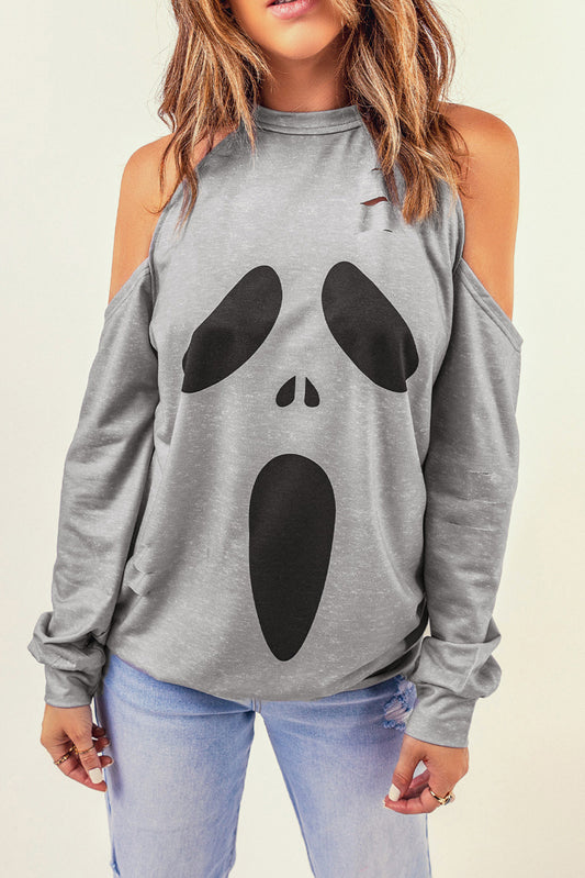 Halloween Graphic Cold-Shoulder Distressed Sweatshirt