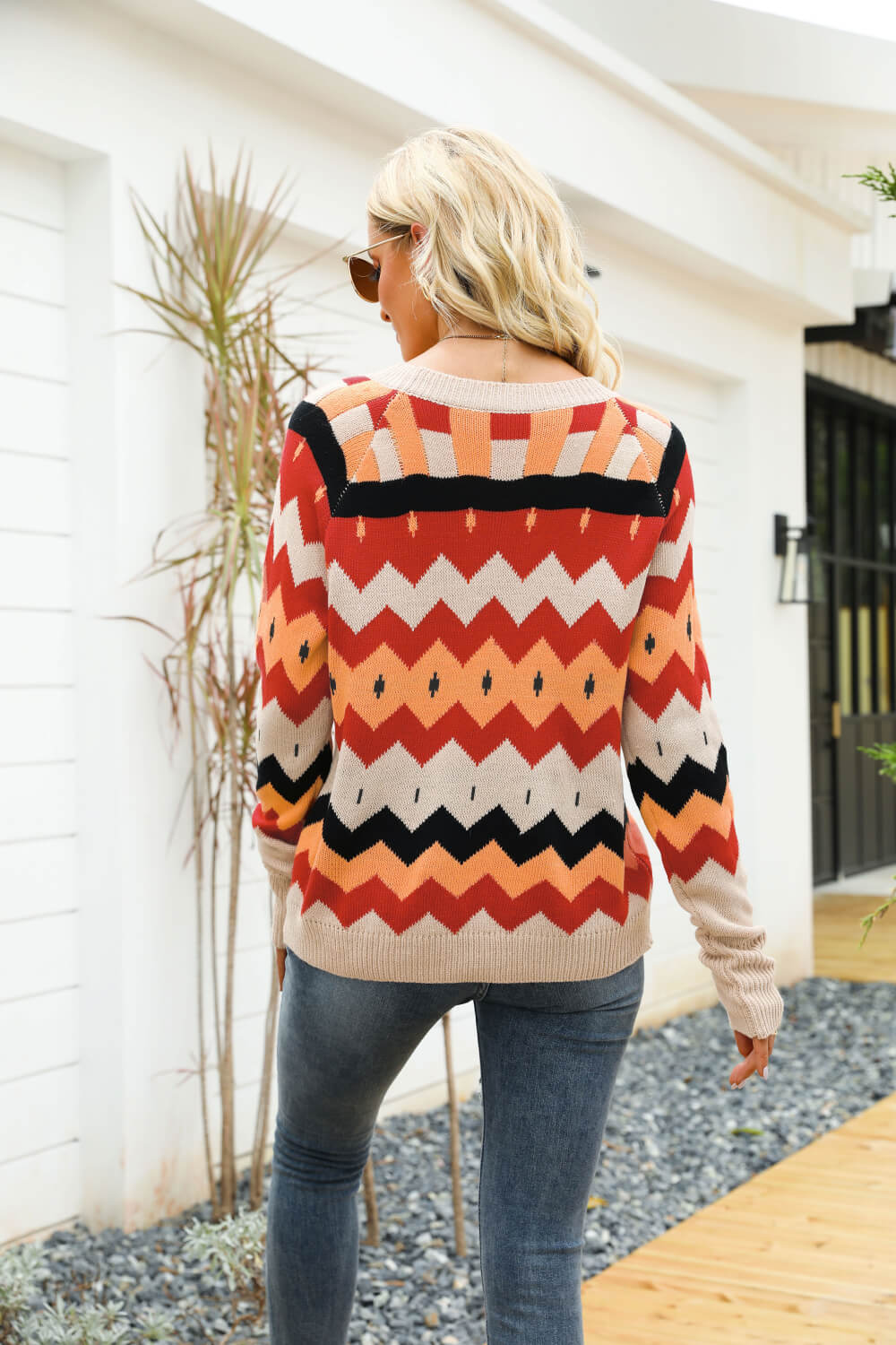 Printed Raglan Sleeve Ribbed Trim Sweater