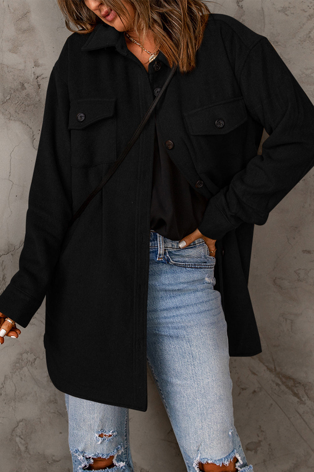 Button Down Longline Shirt Jacket with Pockets