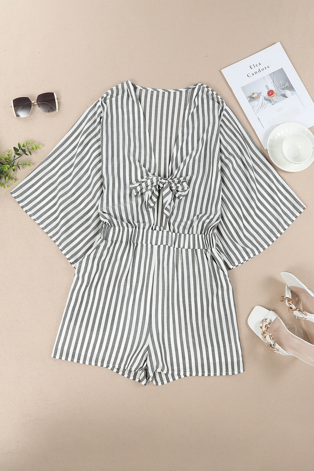 Striped Tie-Front Plunge Romper with Pockets