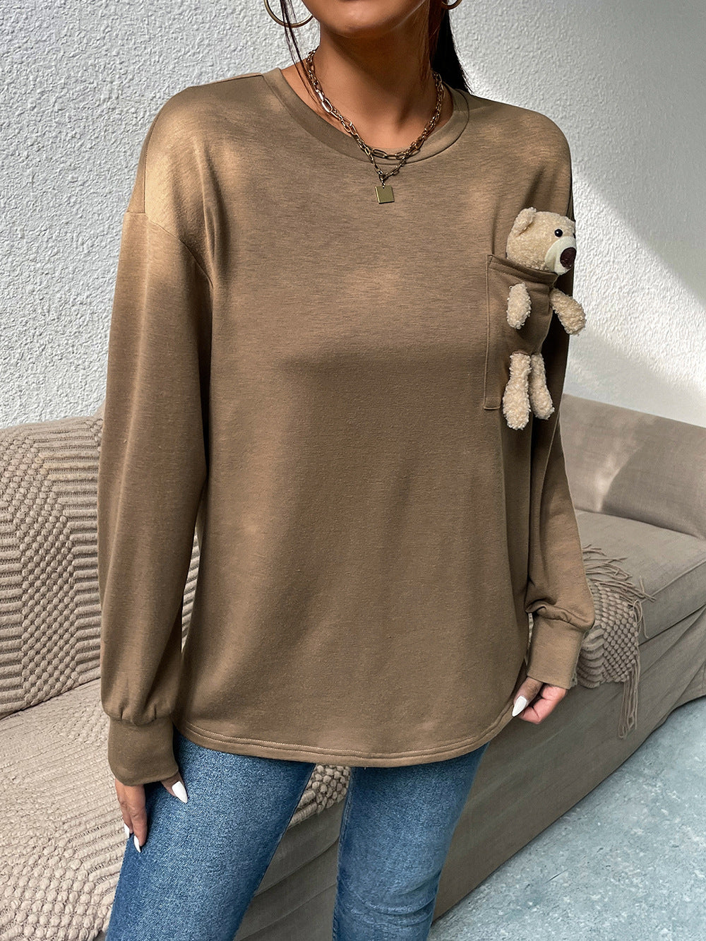 Round Neck Dropped Shoulder Top with Toy Bear