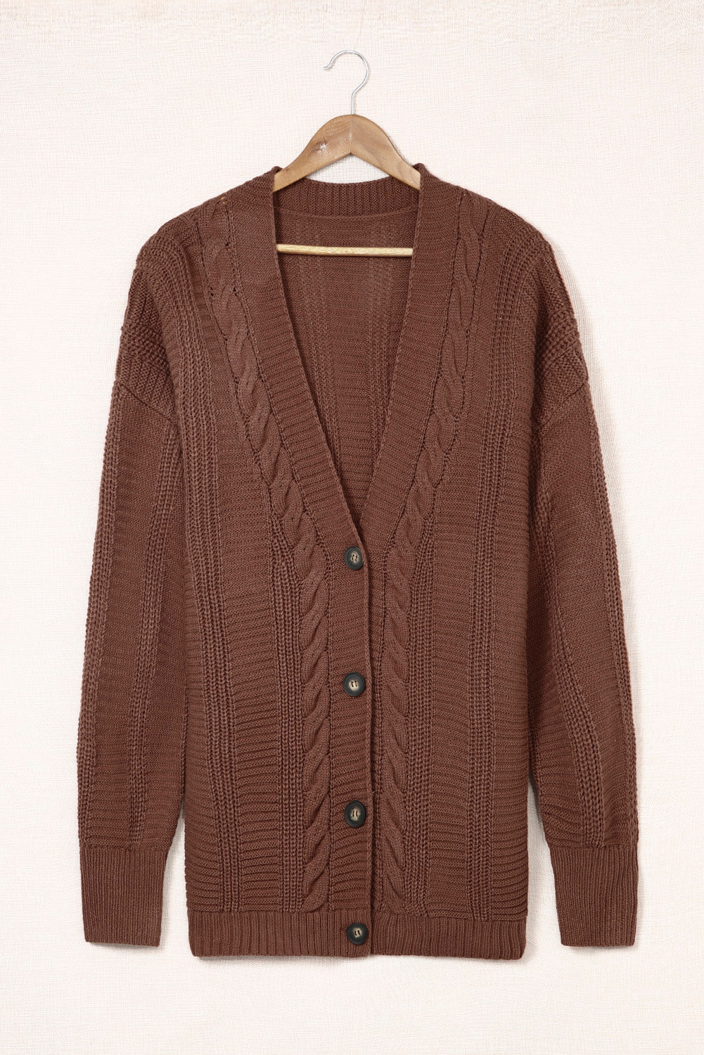 Cable-Knit Button Front V-Neck Cardigan