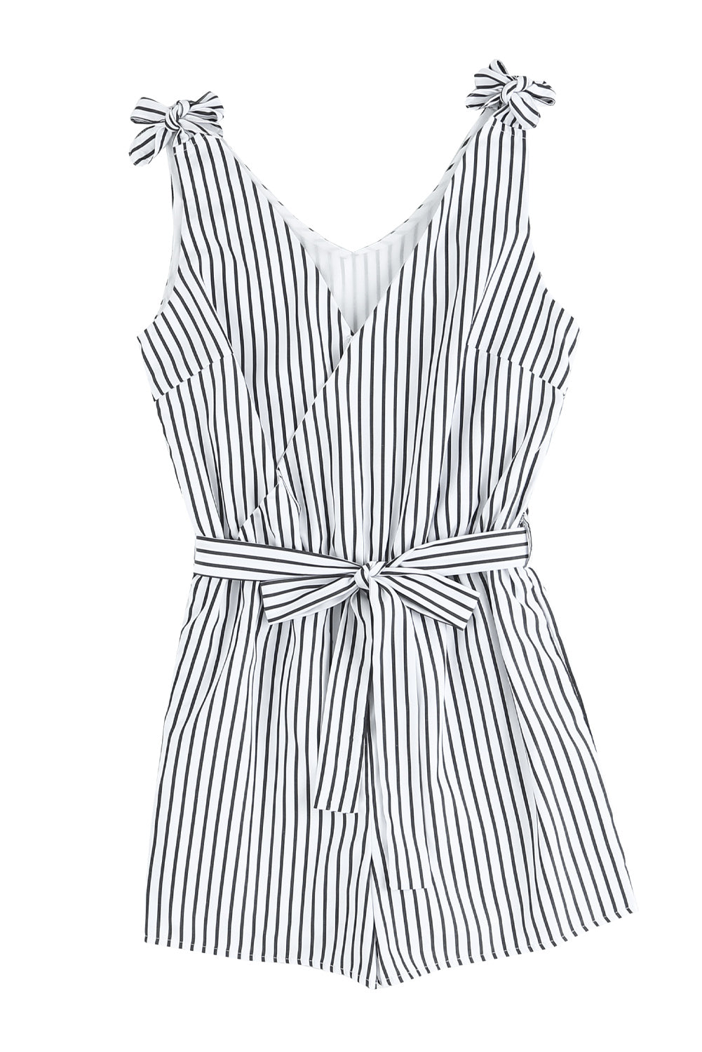 Striped Tie-Shoulder Belted Surplice Romper