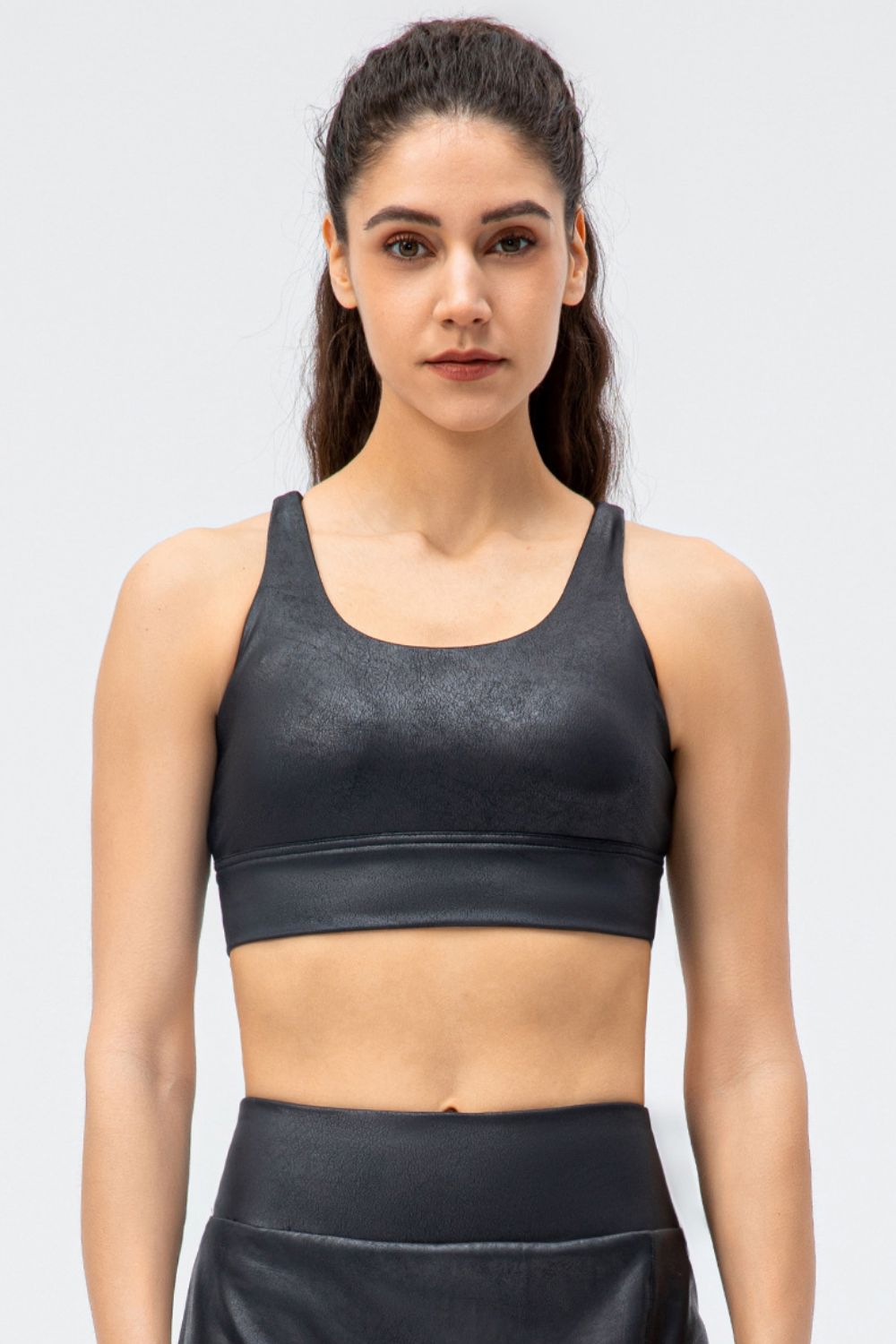 Faux Leather Double Crisscross Strap Sports Bra