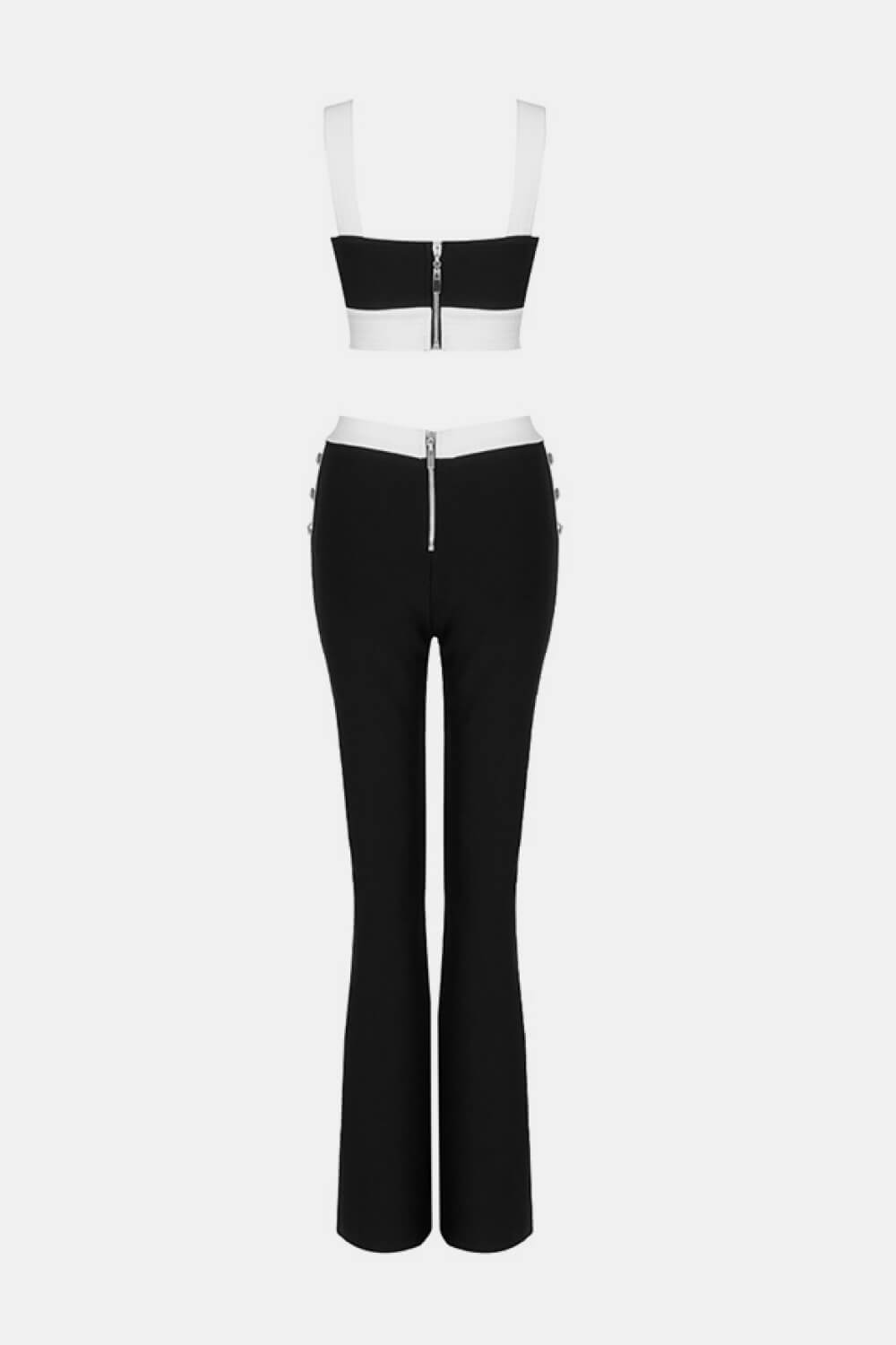 Contrast Decorative Button Cropped Cami and Flare Pants Set