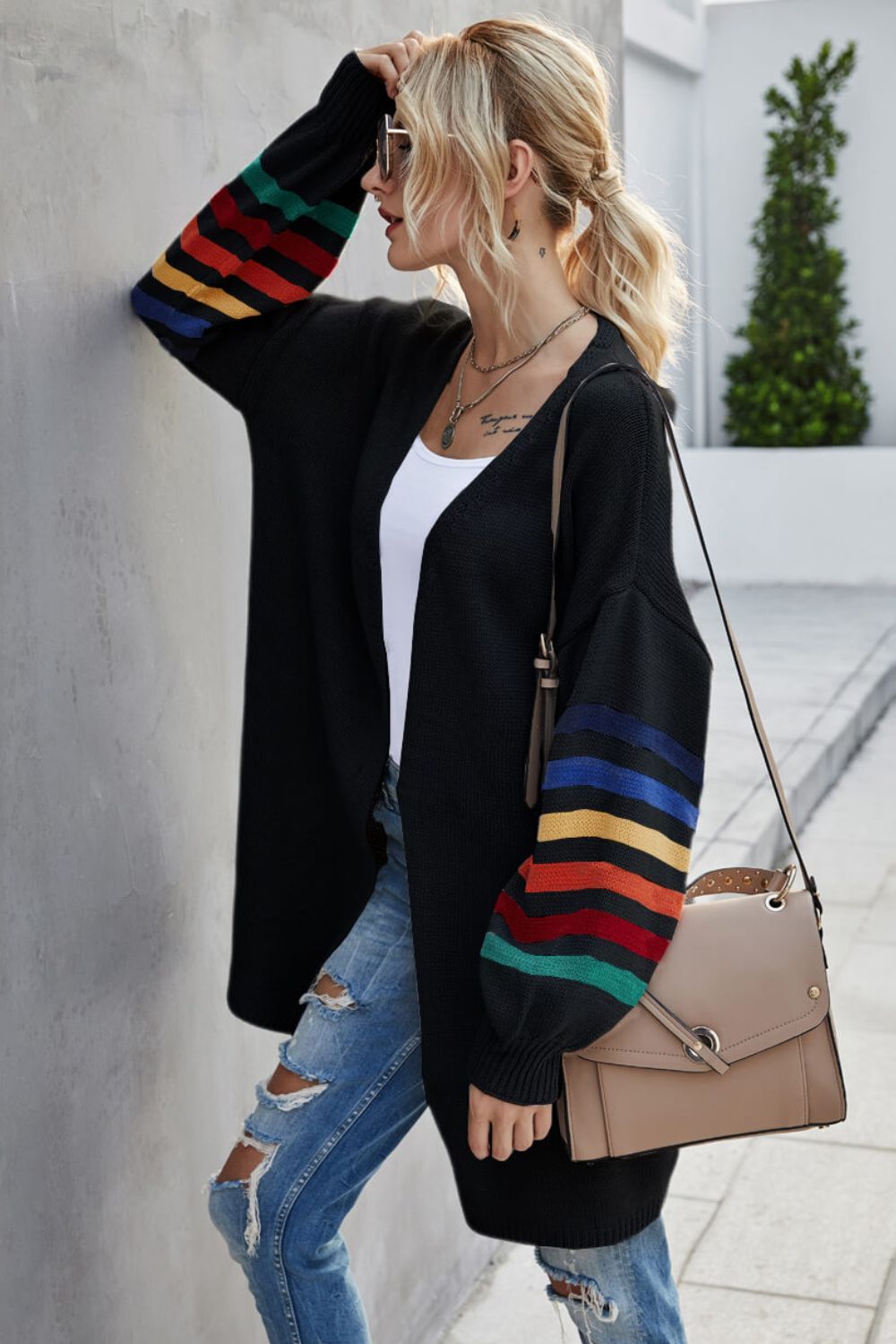 Multicolored Stripe Open Front Longline Cardigan