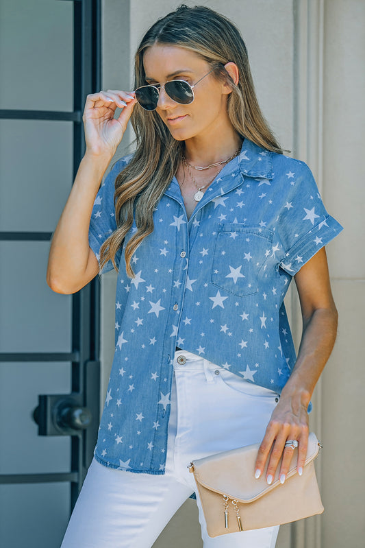 Star Print Button Front Denim Short Sleeve Shirt