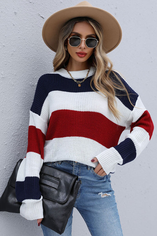 Color Block Long Sleeve Ribbed Sweater